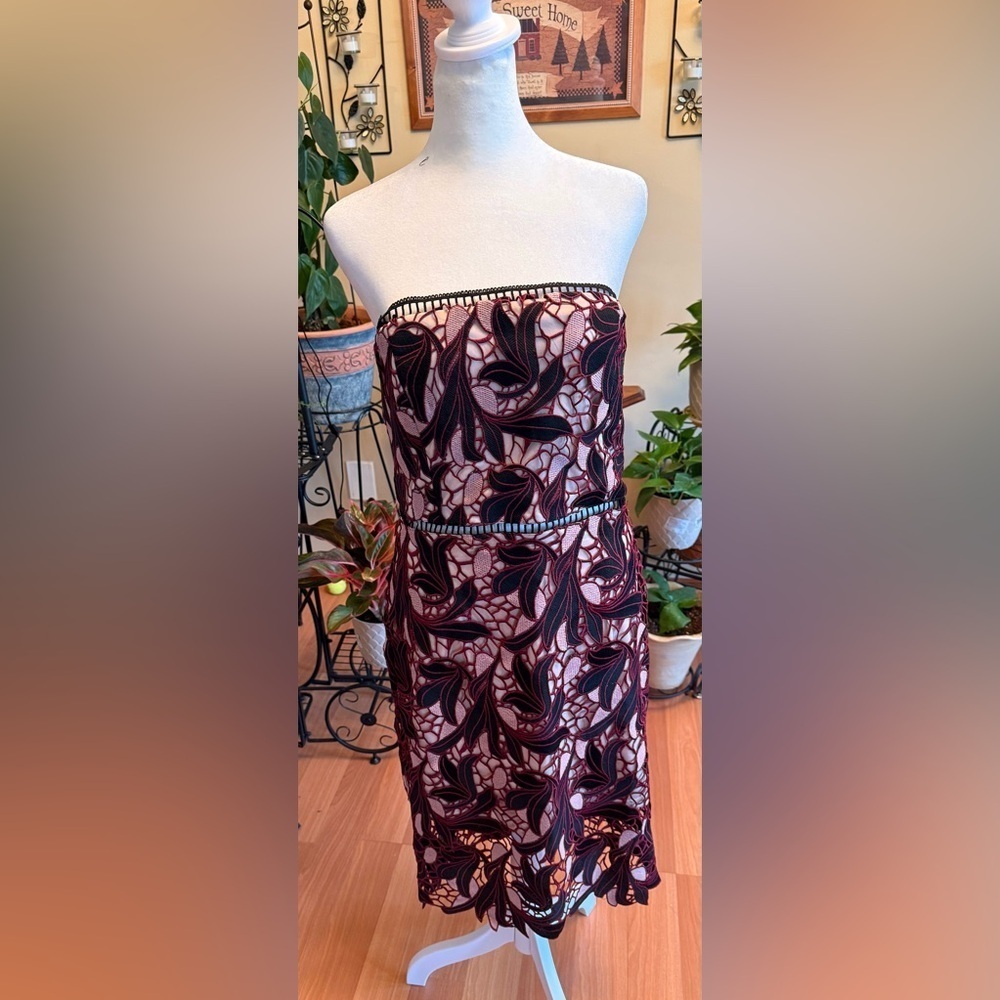 NWT Lulus Pink and Black Crochet Lace Strapless Knee Length Dress Sz Large